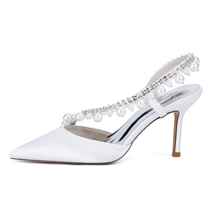 Chaussures de Soirée à Talon Aiguille et Bout Fermé en Satin de Soie et Perles Pour Femmes