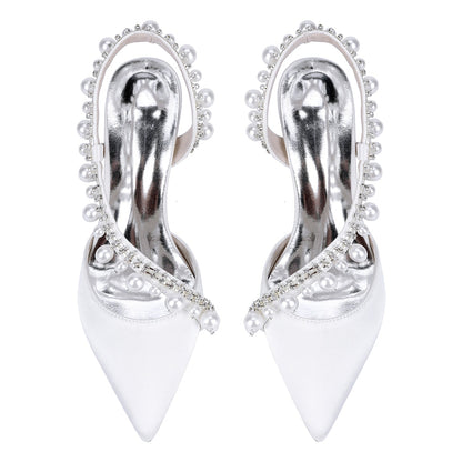 Chaussures de Soirée à Talon Aiguille et Bout Fermé en Satin de Soie et Perles Pour Femmes