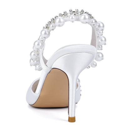 Chaussures de Soirée à Talon Aiguille et Bout Fermé en Satin de Soie et Perles Pour Femmes