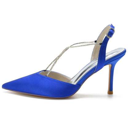 Chaussures de Mariage à Bout Fermé En Satin de Soie pour Femmes avec Bride à la Cheville et Strass à Talon Aiguille