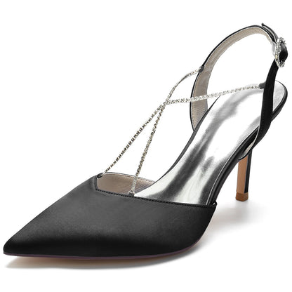 Chaussures de Mariage à Bout Fermé En Satin de Soie pour Femmes avec Bride à la Cheville et Strass à Talon Aiguille