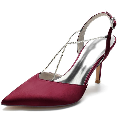 Chaussures de Mariage à Bout Fermé En Satin de Soie pour Femmes avec Bride à la Cheville et Strass à Talon Aiguille