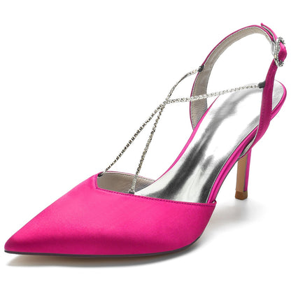 Chaussures de Mariage à Bout Fermé En Satin de Soie pour Femmes avec Bride à la Cheville et Strass à Talon Aiguille