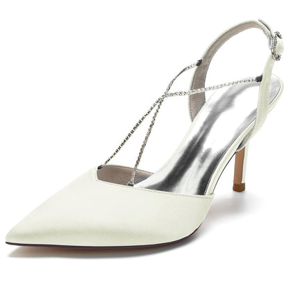 Chaussures de Mariage à Bout Fermé En Satin de Soie pour Femmes avec Bride à la Cheville et Strass à Talon Aiguille