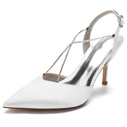 Chaussures de Mariage à Bout Fermé En Satin de Soie pour Femmes avec Bride à la Cheville et Strass à Talon Aiguille