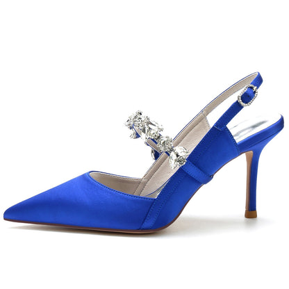 Chaussures de Soirée à Talon Aiguille En Satin de Soie pour Femmes avec Bride à la Cheville et Strass à Bout Fermé