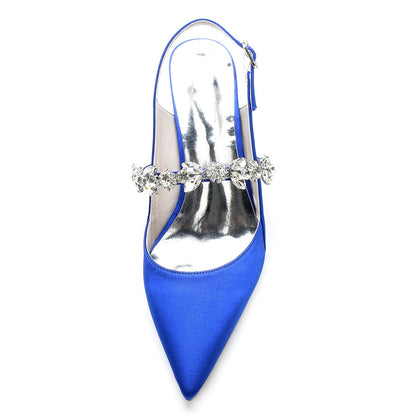 Chaussures de Soirée à Talon Aiguille En Satin de Soie pour Femmes avec Bride à la Cheville et Strass à Bout Fermé