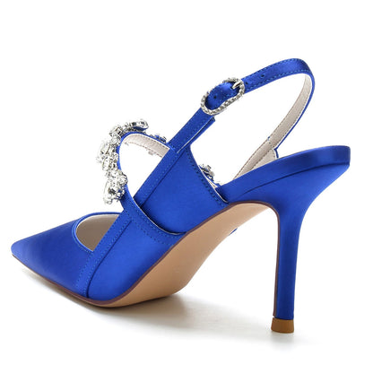 Chaussures de Soirée à Talon Aiguille En Satin de Soie pour Femmes avec Bride à la Cheville et Strass à Bout Fermé