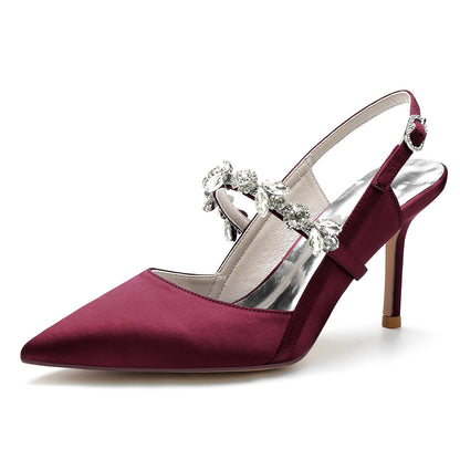 Chaussures de Soirée à Talon Aiguille En Satin de Soie pour Femmes avec Bride à la Cheville et Strass à Bout Fermé