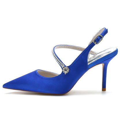 Chaussures de Soirée En Satin de Soie pour Femmes avec Bout Fermé Talon Aiguille Bride à la Cheville et Strass