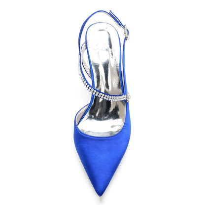 Chaussures de Soirée En Satin de Soie pour Femmes avec Bout Fermé Talon Aiguille Bride à la Cheville et Strass