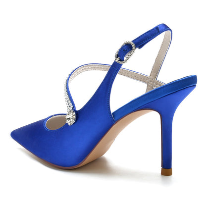 Chaussures de Soirée En Satin de Soie pour Femmes avec Bout Fermé Talon Aiguille Bride à la Cheville et Strass