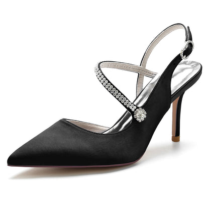 Chaussures de Soirée En Satin de Soie pour Femmes avec Bout Fermé Talon Aiguille Bride à la Cheville et Strass