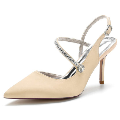 Chaussures de Soirée En Satin de Soie pour Femmes avec Bout Fermé Talon Aiguille Bride à la Cheville et Strass