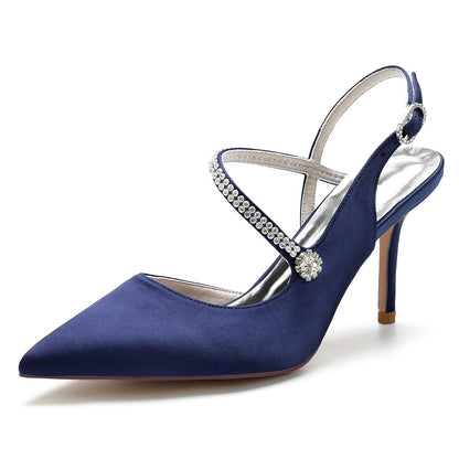 Chaussures de Soirée En Satin de Soie pour Femmes avec Bout Fermé Talon Aiguille Bride à la Cheville et Strass