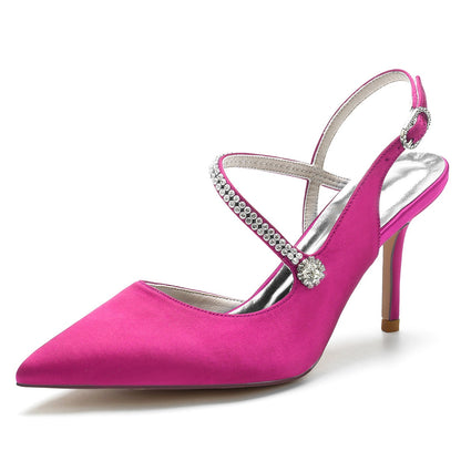 Chaussures de Soirée En Satin de Soie pour Femmes avec Bout Fermé Talon Aiguille Bride à la Cheville et Strass