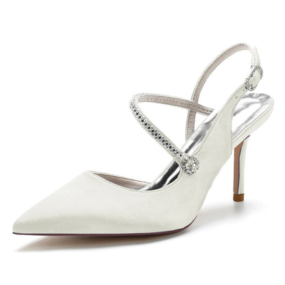 Chaussures de Soirée En Satin de Soie pour Femmes avec Bout Fermé Talon Aiguille Bride à la Cheville et Strass