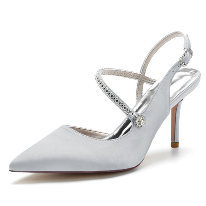 Chaussures de Soirée En Satin de Soie pour Femmes avec Bout Fermé Talon Aiguille Bride à la Cheville et Strass