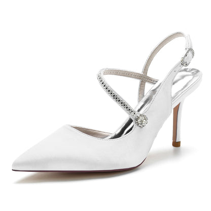 Chaussures de Soirée En Satin de Soie pour Femmes avec Bout Fermé Talon Aiguille Bride à la Cheville et Strass