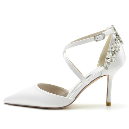Chaussures de Mariage à Talon Aiguille et Bride à la Cheville En Satin de Soie pour Femmes