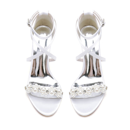Chaussures de Mariage à Talon Épais et Bout Ouvert En Satin de Soie pour Femmes avec Bride à la Cheville et Strass