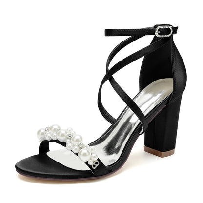 Chaussures de Mariage à Talon Épais et Bout Ouvert En Satin de Soie pour Femmes avec Bride à la Cheville et Strass