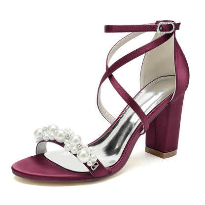 Chaussures de Mariage à Talon Épais et Bout Ouvert En Satin de Soie pour Femmes avec Bride à la Cheville et Strass