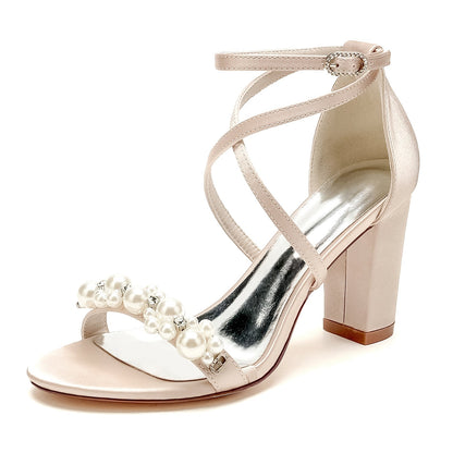Chaussures de Mariage à Talon Épais et Bout Ouvert En Satin de Soie pour Femmes avec Bride à la Cheville et Strass