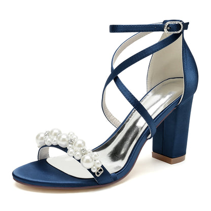 Chaussures de Mariage à Talon Épais et Bout Ouvert En Satin de Soie pour Femmes avec Bride à la Cheville et Strass