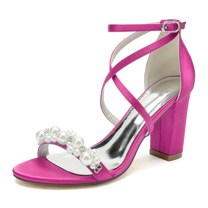 Chaussures de Mariage à Talon Épais et Bout Ouvert En Satin de Soie pour Femmes avec Bride à la Cheville et Strass