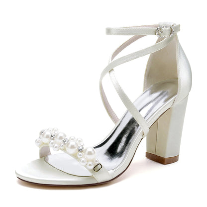 Chaussures de Mariage à Talon Épais et Bout Ouvert En Satin de Soie pour Femmes avec Bride à la Cheville et Strass