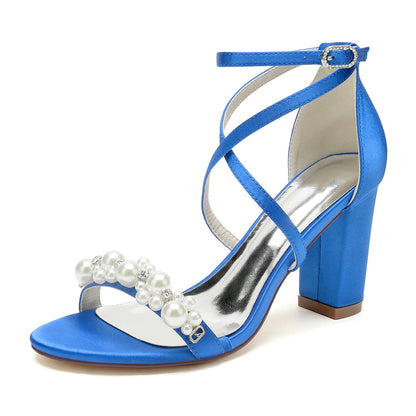 Chaussures de Mariage à Talon Épais et Bout Ouvert En Satin de Soie pour Femmes avec Bride à la Cheville et Strass