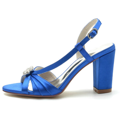 Chaussures de Mariage à Talon Épais et Bout Ouvert En Satin de Soie pour Femmes avec Strass et Fleurs