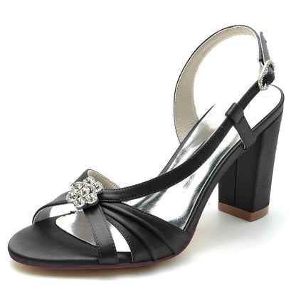 Chaussures de Mariage à Talon Épais et Bout Ouvert En Satin de Soie pour Femmes avec Strass et Fleurs
