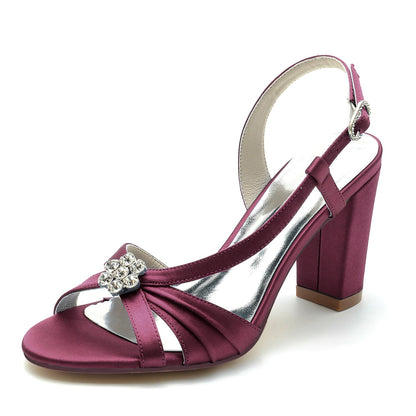 Chaussures de Mariage à Talon Épais et Bout Ouvert En Satin de Soie pour Femmes avec Strass et Fleurs