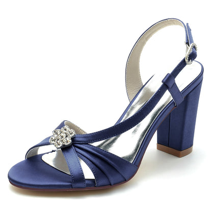 Chaussures de Mariage à Talon Épais et Bout Ouvert En Satin de Soie pour Femmes avec Strass et Fleurs