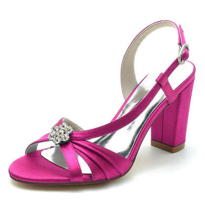 Chaussures de Mariage à Talon Épais et Bout Ouvert En Satin de Soie pour Femmes avec Strass et Fleurs