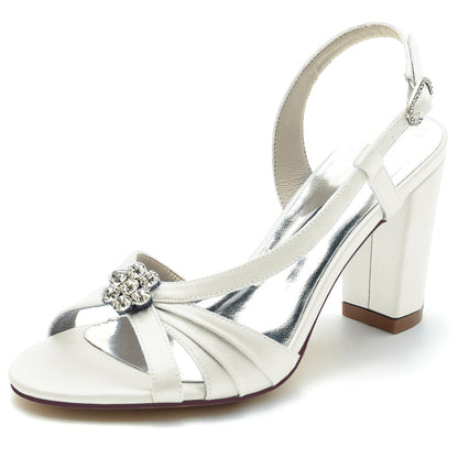 Chaussures de Mariage à Talon Épais et Bout Ouvert En Satin de Soie pour Femmes avec Strass et Fleurs