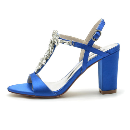 Chaussures de Mariage à Talon Épais et Strass En Satin de Soie pour Femmes avec Bride à la Cheville et Bout Ouvert