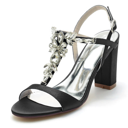 Chaussures de Mariage à Talon Épais et Strass En Satin de Soie pour Femmes avec Bride à la Cheville et Bout Ouvert