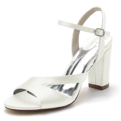 Chaussures de Mariage à Talon Épais En Satin de Soie pour Femmes avec Bride à la Cheville et Bout Ouvert
