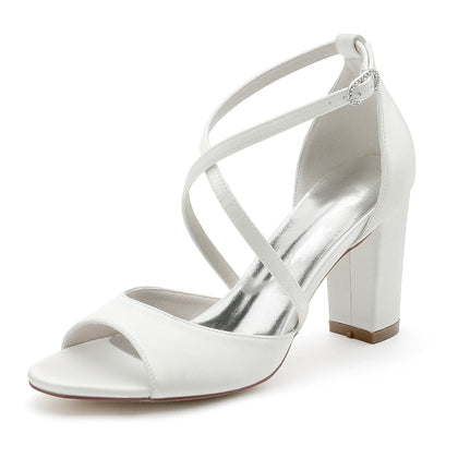 Chaussures de Mariage à Talon Épais En Satin de Soie pour Femmes avec Bride à la Cheville à Bout Ouvert