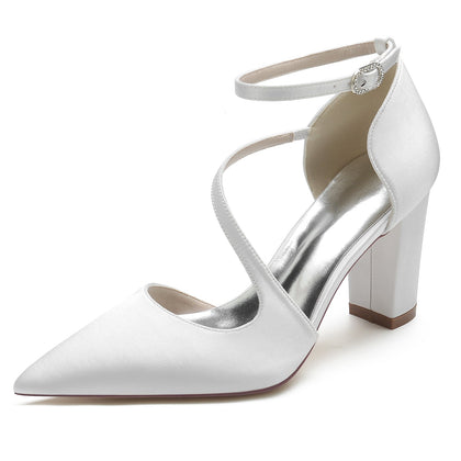 Chaussures de Soirée à Talon Épais et Bout Fermé En Satin de Soie pour Femmes avec Bride à la Cheville