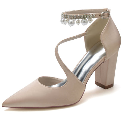 Chaussures de Soirée à Talon Épais et Bout Fermé En Satin de Soie pour Femmes avec Bride à la Cheville et Pompon En Perles
