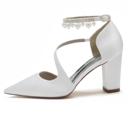 Chaussures de Soirée à Talon Épais et Bout Fermé En Satin de Soie pour Femmes avec Bride à la Cheville et Pompon En Perles