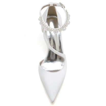 Chaussures de Soirée à Talon Épais et Bout Fermé En Satin de Soie pour Femmes avec Bride à la Cheville et Pompon En Perles