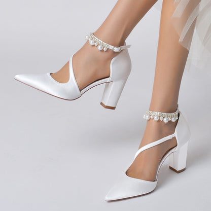 Chaussures de Soirée à Talon Épais et Bout Fermé En Satin de Soie pour Femmes avec Bride à la Cheville et Pompon En Perles