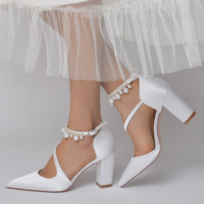 Chaussures de Soirée à Talon Épais et Bout Fermé En Satin de Soie pour Femmes avec Bride à la Cheville et Pompon En Perles