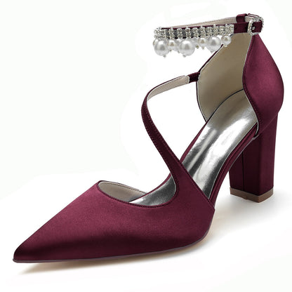 Chaussures de Soirée à Talon Épais et Bout Fermé En Satin de Soie pour Femmes avec Bride à la Cheville et Pompon En Perles