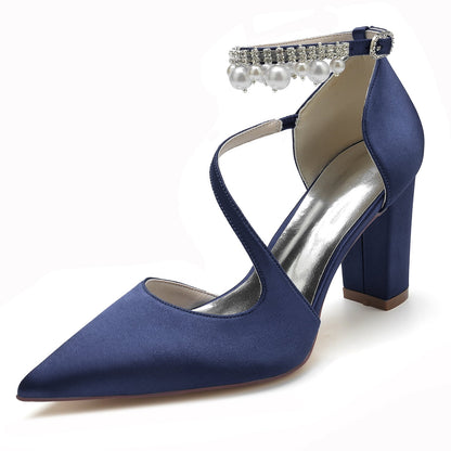 Chaussures de Soirée à Talon Épais et Bout Fermé En Satin de Soie pour Femmes avec Bride à la Cheville et Pompon En Perles